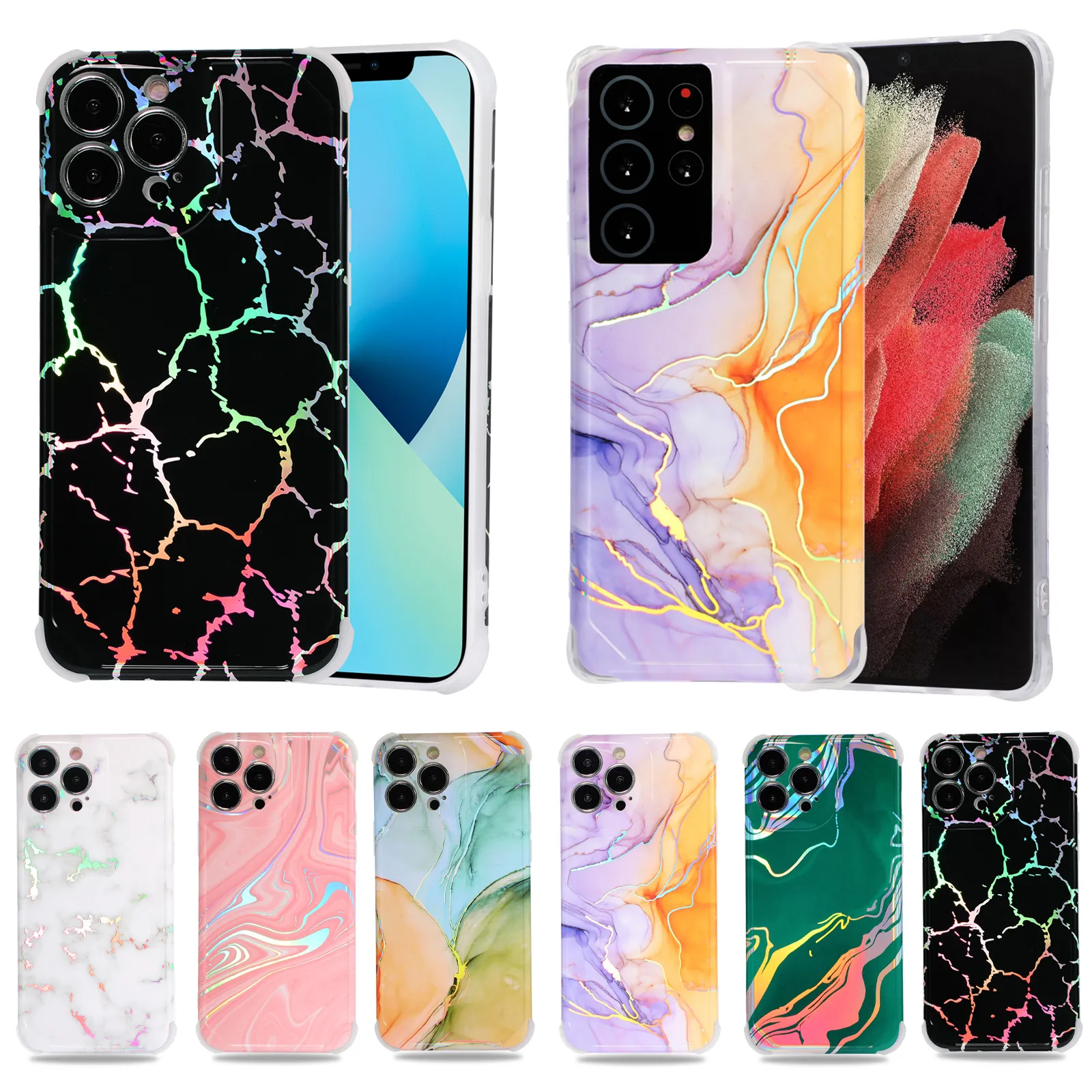 Luxury Laser Marble IMD Case Shockproof Phone Cases for iPhone 13 12 11 Pro Max Samsung S22 S21 Note20 Plus Ultra S21FE S20FE A51 A71 4G