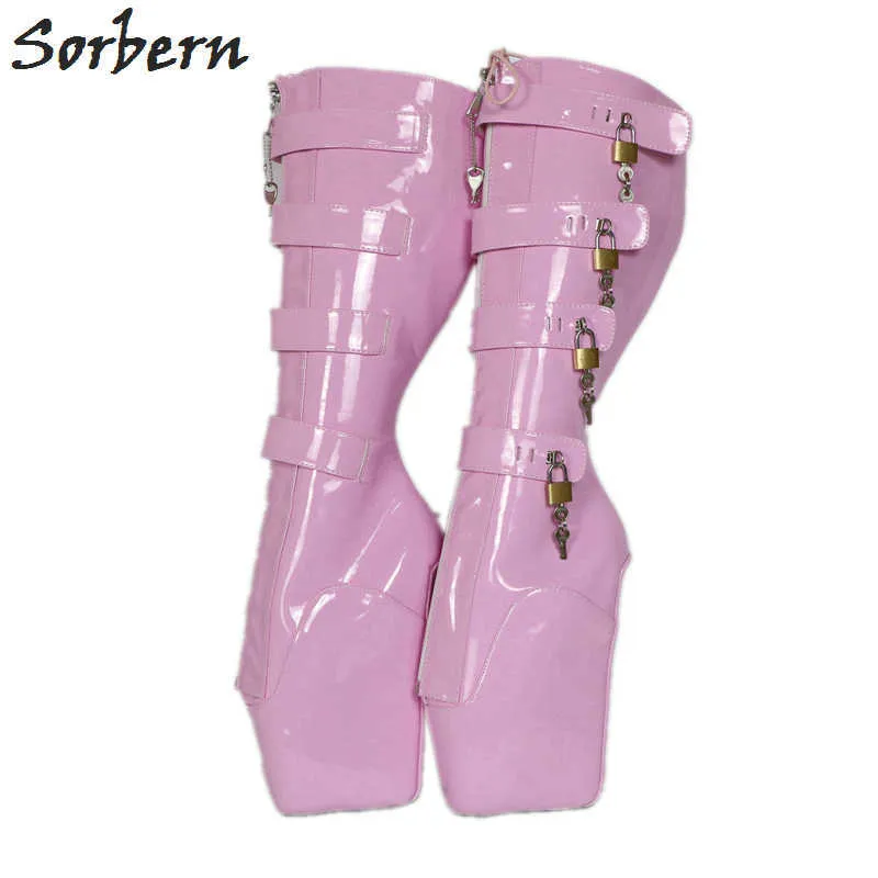 Sorbern Pink Shiny Ballet Boots Wedge Knee High Unisex With 8 Locks And Keys Bdsm Booties Custom Wide Calf Lace Up Front Straps