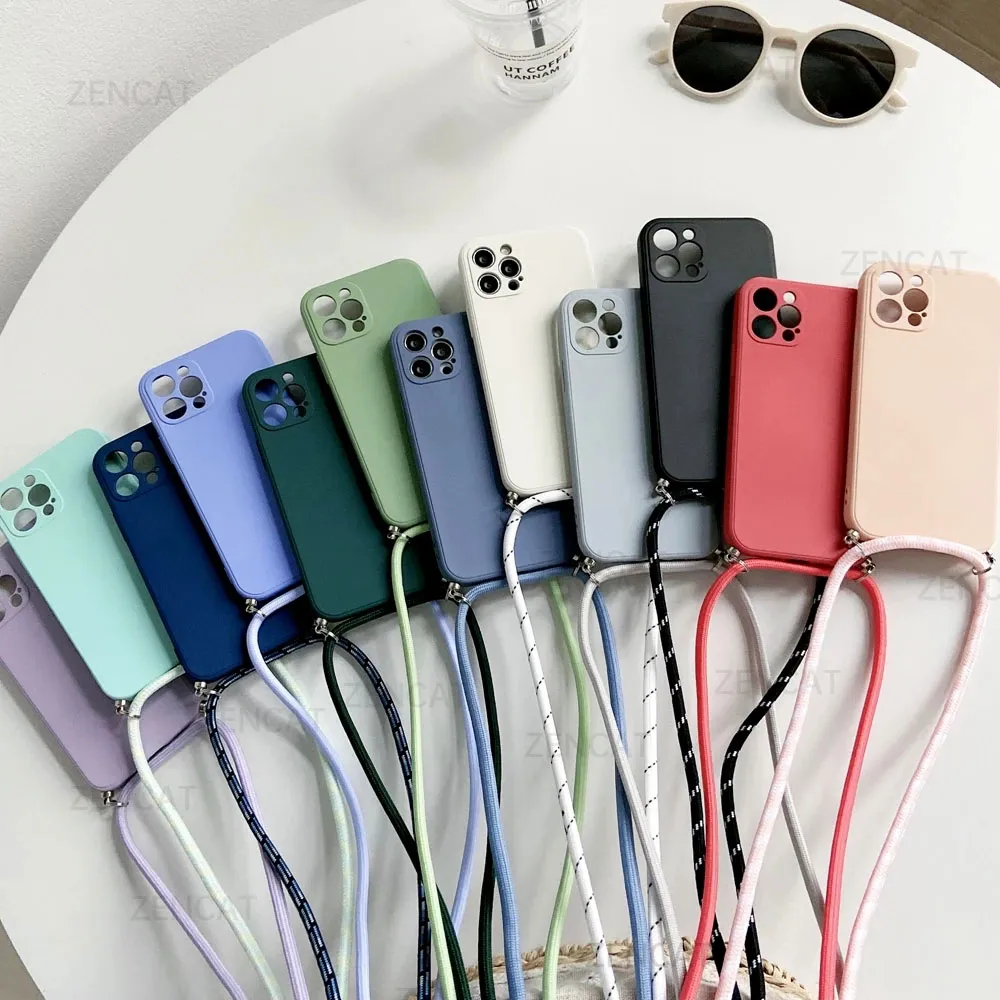 Custodie per telefoni Crossbody Collana Cinghia Cordino Cavo Custodia per telefono in silicone liquido per iPhone 13 12 MiNi 11 Pro X XR XS Max 6s 7 8 Plus SE 2 Cover