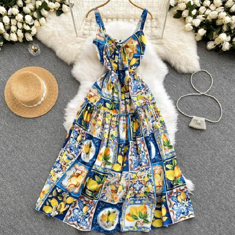 Casual Kleider Sommer Kleid Frauen 2022 Mode Böhmischen Lange Urlaub Elegante Sexy Strap Zitrone Druck Plus Größe DressCasual