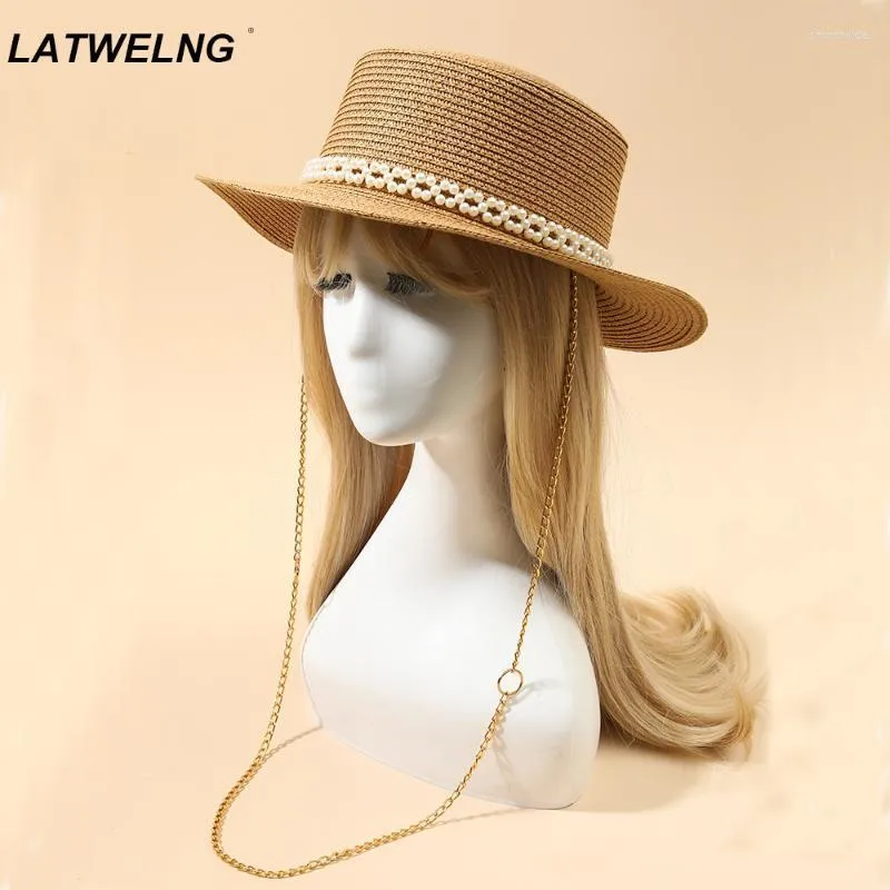 Brede rand hoeden designer ketting ketting zon met parel voor vrouwen zomer opvouwbare strand dames mode feest hoed groothandelwide chur22