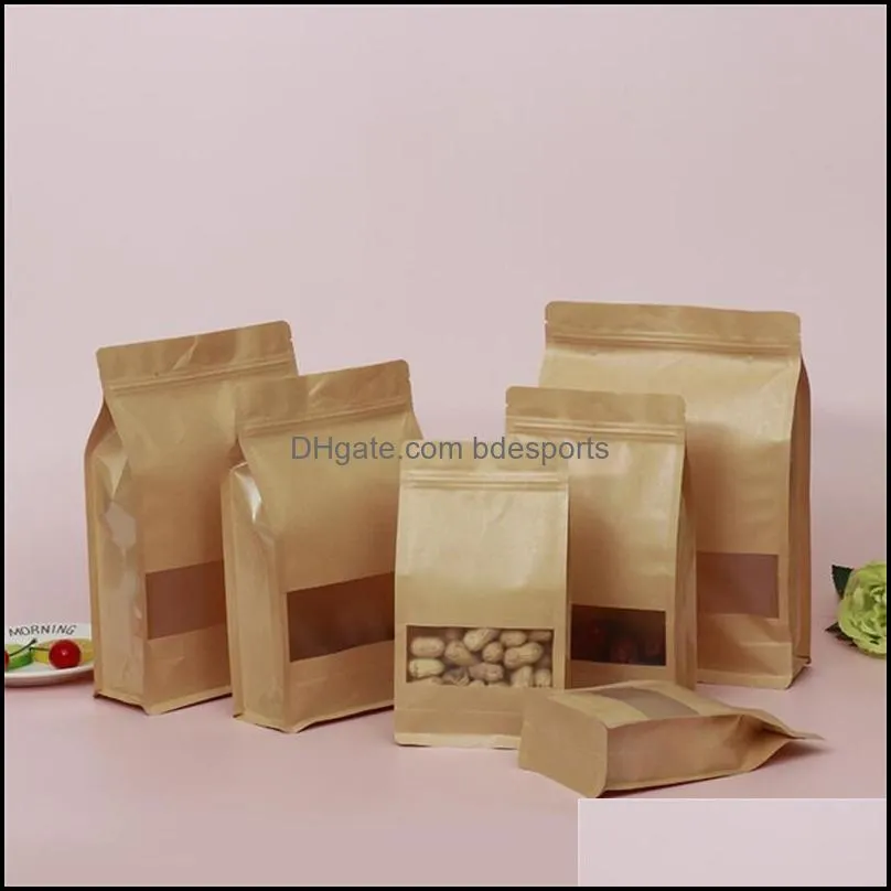 Kraft Paper Packing Bag Reusable Stand Up Storage Pouch Package Bag With Window for Storing Snacks Tea Food