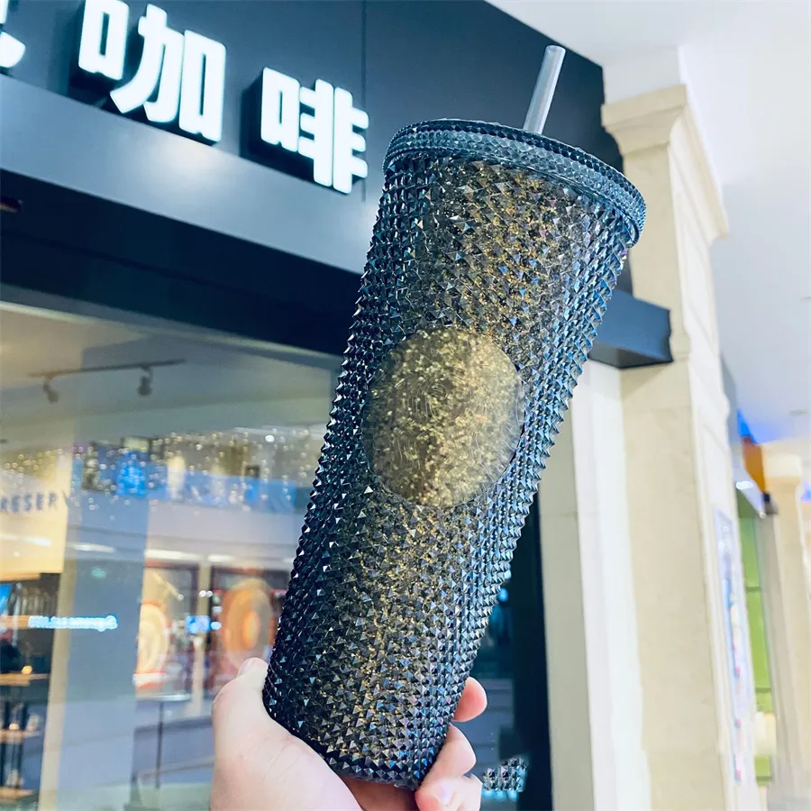 Studded Matte Cup Tumbler, With Lid And Straw, Bling Plastic Cup