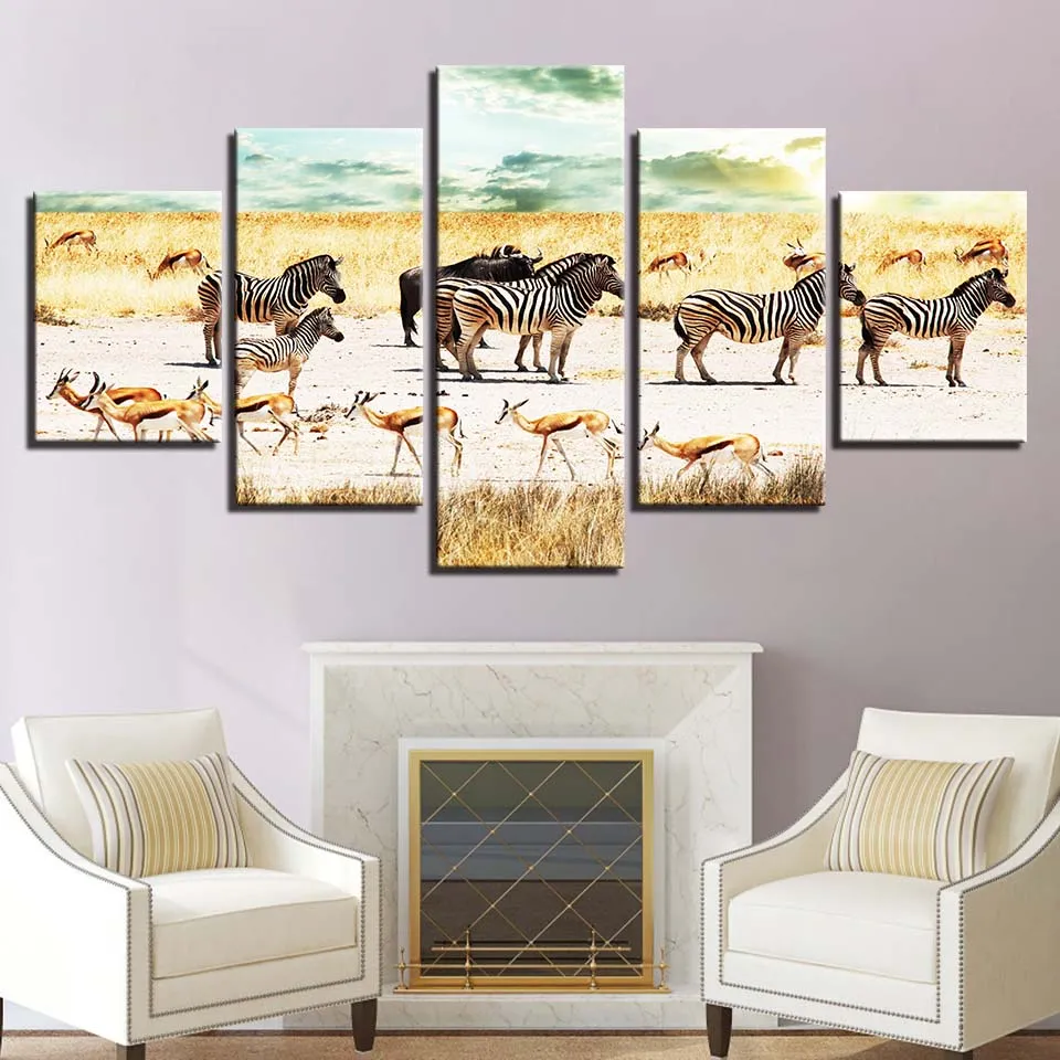 Modern Canvas Living Room Pictures Painting Wall Artwork 5 Panel Scorching Scorching African Zebra Goa HD Printed Modular Poster