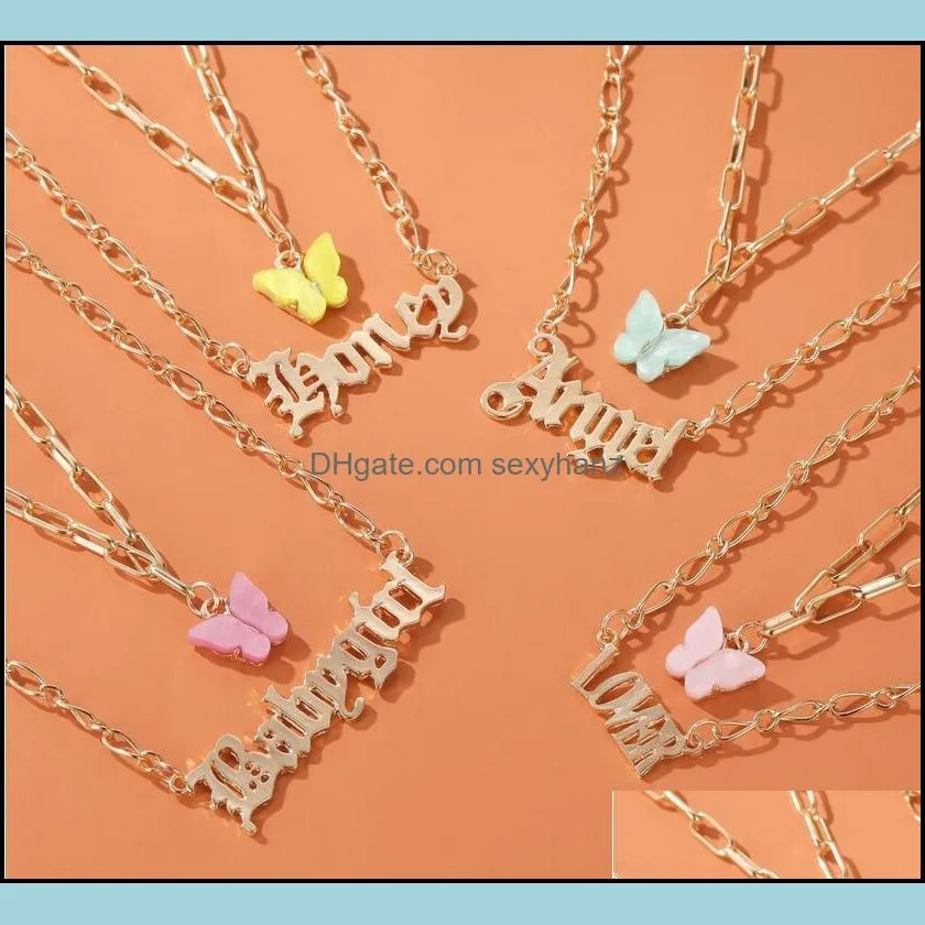 Pendentif Colliers Pendentifs Bijoux Doux Collier En Couches Filles Acrylique Papillon Double Couche Lettre Alphabet Ange Miel Cadeau Pour Les Femmes