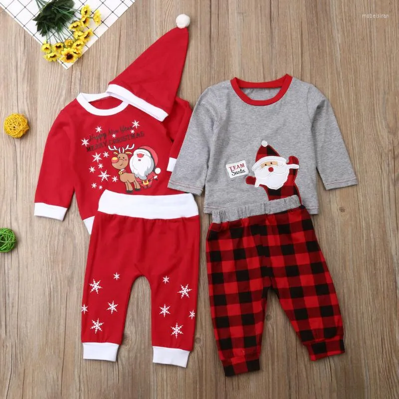 Roupas conjuntos de estilos de estilo de moda bebê menino menino letra feliz ano de Natal de manga longa calça de camiseta de chapéu