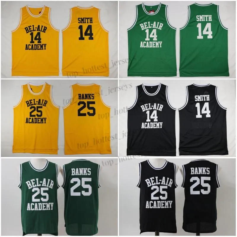 The Fresh Prince of Bel-Air Cousu # 14 Will Smith Noir Vert Jaune Jersey Film Version # 25 Carlton Banks Noir Vert Maillots Hommes Uniformes Cousus Chemise