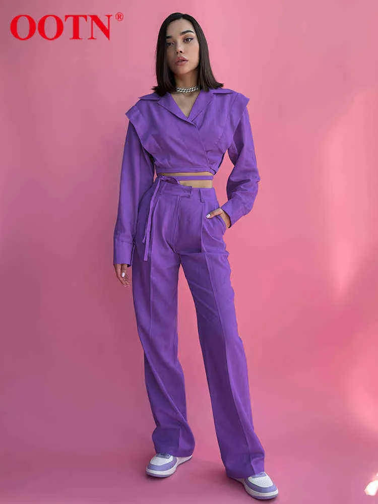 OOTN Streetwear 2 piezas Conjuntos púrpuras con muescas Wrap Lace Up Hombros Camisa Moda Mujer Traje de cintura alta Pantalones rectos Trajes T220729