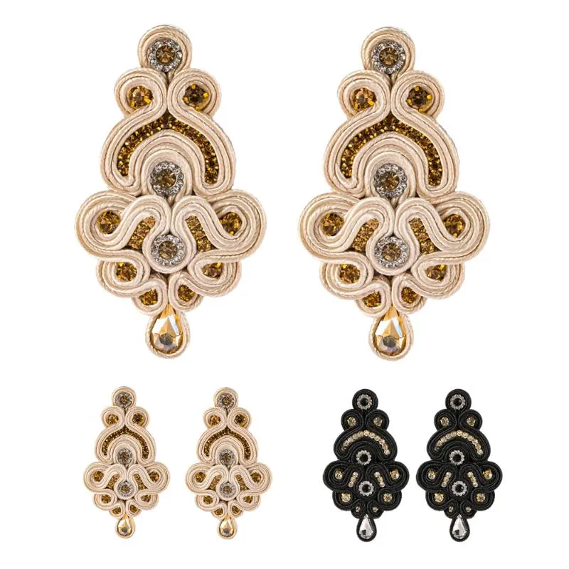 Dangle avizesi kpacota benzersiz tasarım el yapımı soutache küpeler kristal takılar etnik boho kadınlar büyük damla küpe siyah bej renk