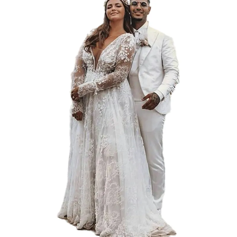 Boho Floral Lace A Line Wedding Gowns with Long Sleeves and Deep V-Neckline in Ivory - Perfect for Country, Beach or Country Bridal Gowns