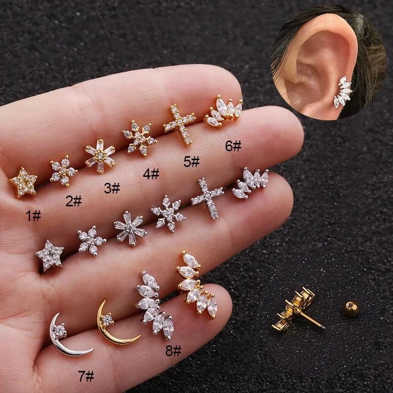 Stud 1Pc Gold And Silver Color Cz Cartilage Earring Stainless Steel Stars Flowers Screw Back Tragus Rook Lobe Piercing JewelryStud