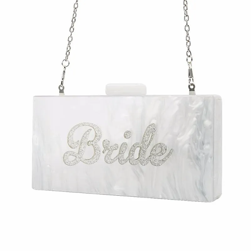 Borse da sera Bianco perla con glitter argento Nome Pochette da sposa in acrilico Pochette da donna Borse da donna Moda fatta a mano Claps Pochette da spiaggiaSera