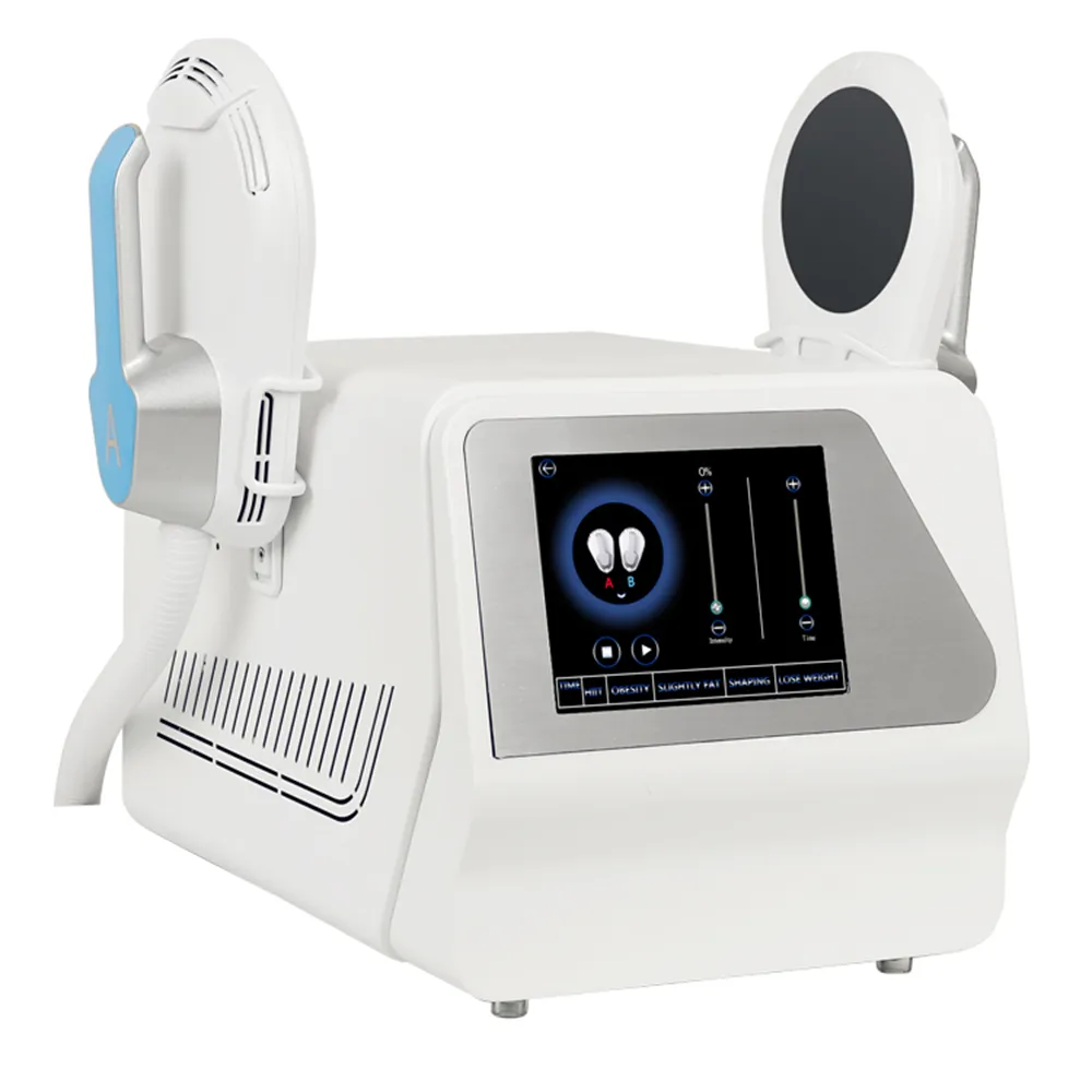 2 핸들 EMSLIM HIEMT 피트니스 RF 슬리밍 EMS 셀룰 라이트 감소 전자기 근육 자극기 지방 연소 신체 조각 미용실 살롱 사용