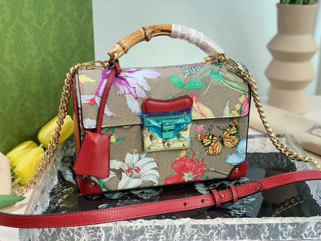 Petit cadenas en bambou sac fourre-tout femmes fourre-tout femme épaule fronde sacs carrés sac à main dame haut poignée sacs à main coloré fleur papillon sac à main avec boîte