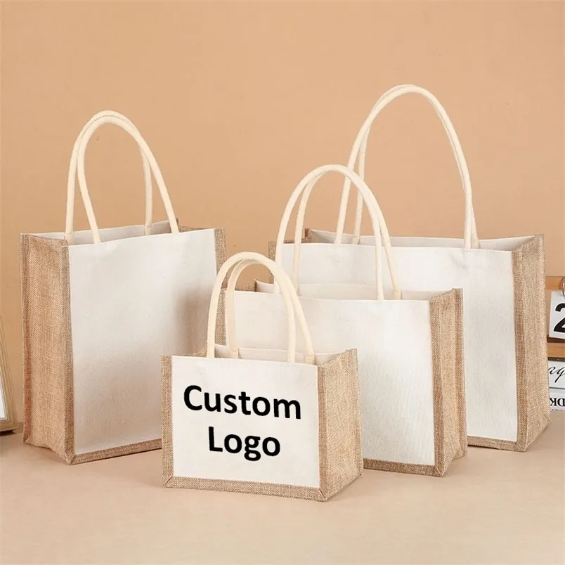 Wholesales 100pcslot Personalized Customization Jute Eco Friendly Reusable Women ShoppingGift Bag 220704