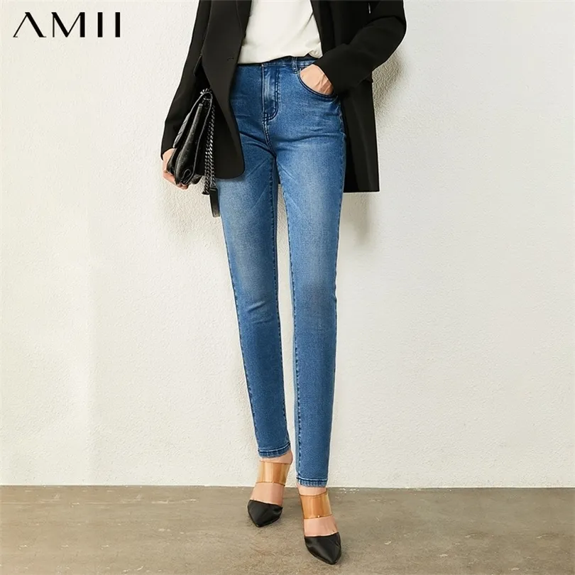 AMII minimalism Autumn Winter Causal Women's Jeans Fashion High midja Slim Fit Ankel-Length Jeans for Women Pants Women 12030493 201029