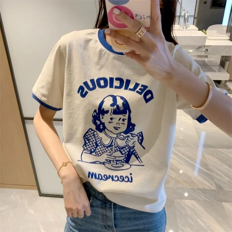 Kadın T Shirt Kore Retro Mavi Kontrast Renk Renk Yakası T Shirt Bebek Kız Baskılı Pamuk Kısa Kollu Tshirt Trendi Yaz 220506