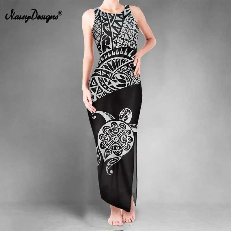 Noisydesigns Women Summer Dress Hibiscus Sea Turtle Prints Double Slit Vest Vestido de Mujer Black Robe Femme Drop 220627
