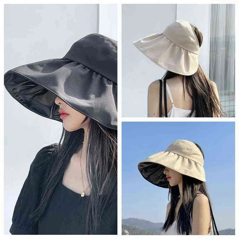 Été grand bord pêche chapeau femmes haut vide chapeau de soleil colle noire revêtement extérieur Protection UV pliable chapeau de soleil G220301