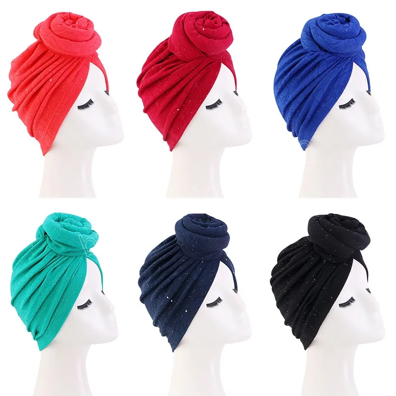 Women Glitter Knotted Turban Embossed Stretch Head Wrap Beanies Muslim Party Wedding Headwear Hair Accessories Turbante Mujer