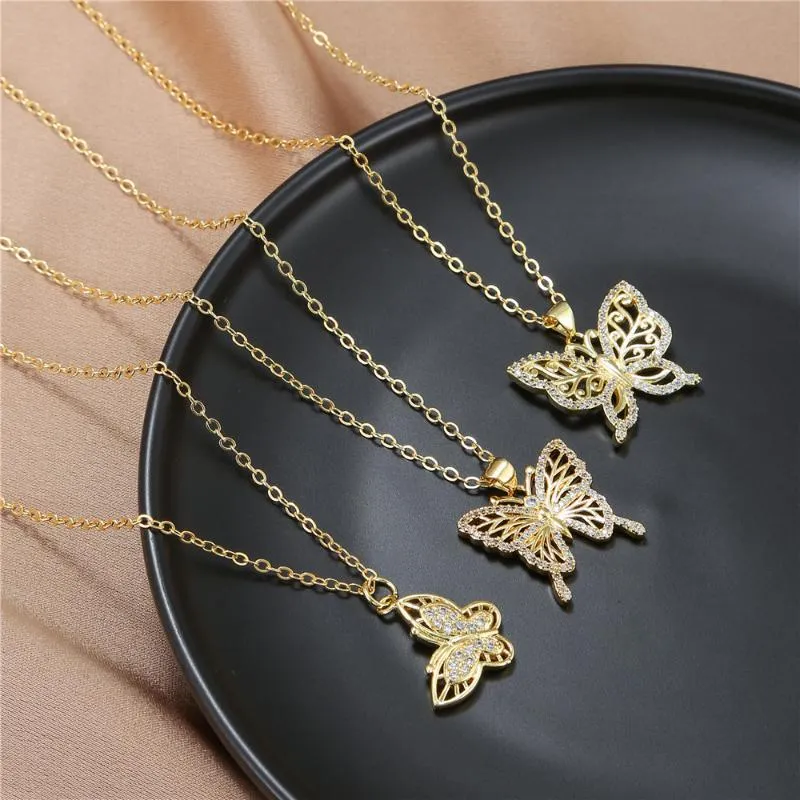 Pendant Necklaces Super Flash Zircon Butterfly Necklace Women's Geometric Copper Sweater Chain Fashion Women Jewelry WholesalePendant