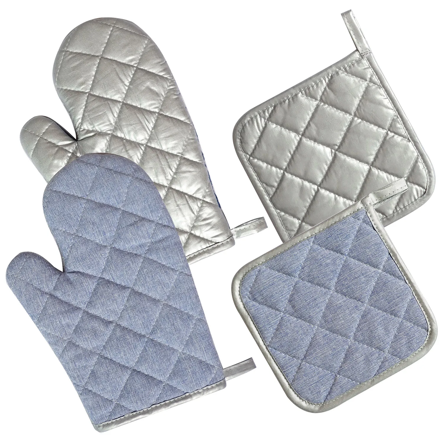Chambray Fırın Mitt Sol/sağ ve 2 adet Potholder seti- Set Gümüş Başına 4pcs Gümüş Arka Açık Mavi Ön