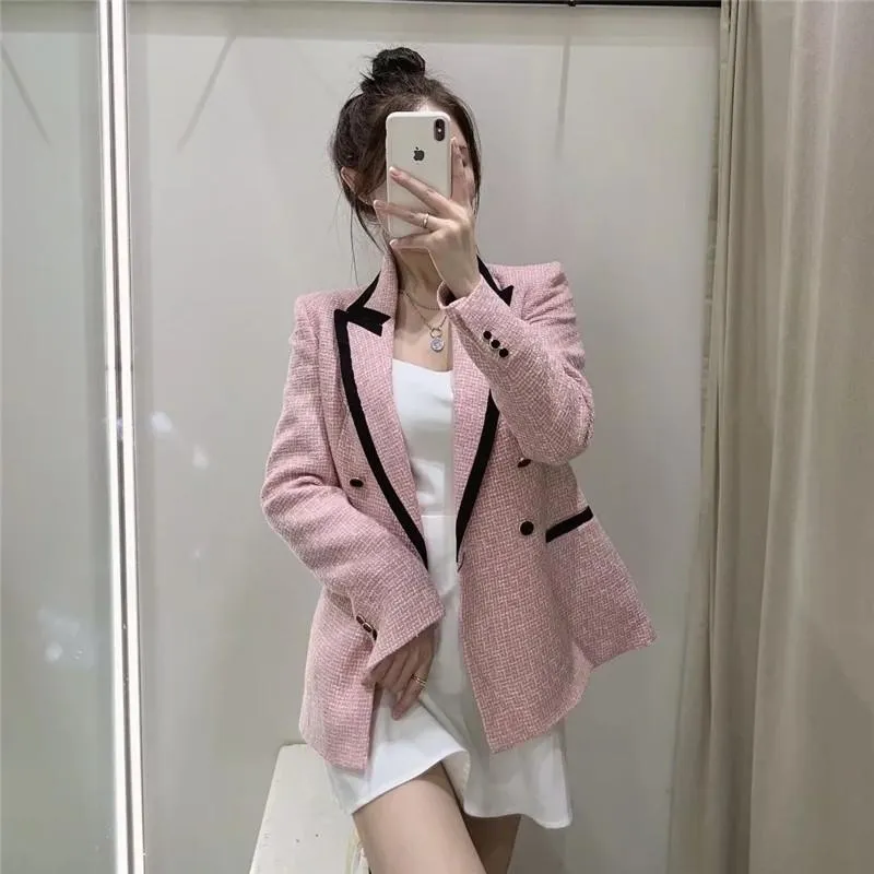 Costumes de femmes Blazers Blazer Femmes Pink Tweed Jackets femme 2022 Automne Double poitrine Femme élégante