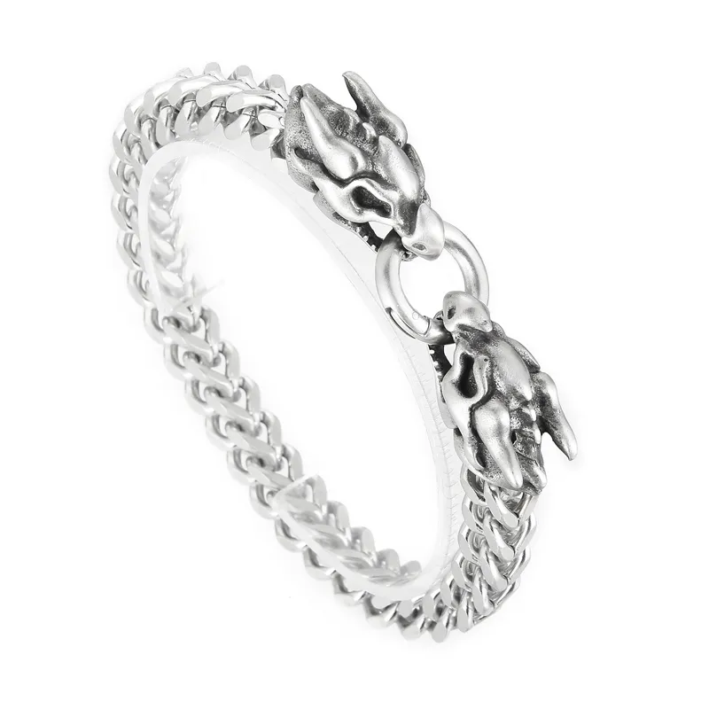 Gotisches Doppeldrache-Figaro-Gliederkettenarmband aus Edelstahl, Schmuck für Herren-Weihnachtsgeschenke, Silber, 8 mm, 22,9 cm