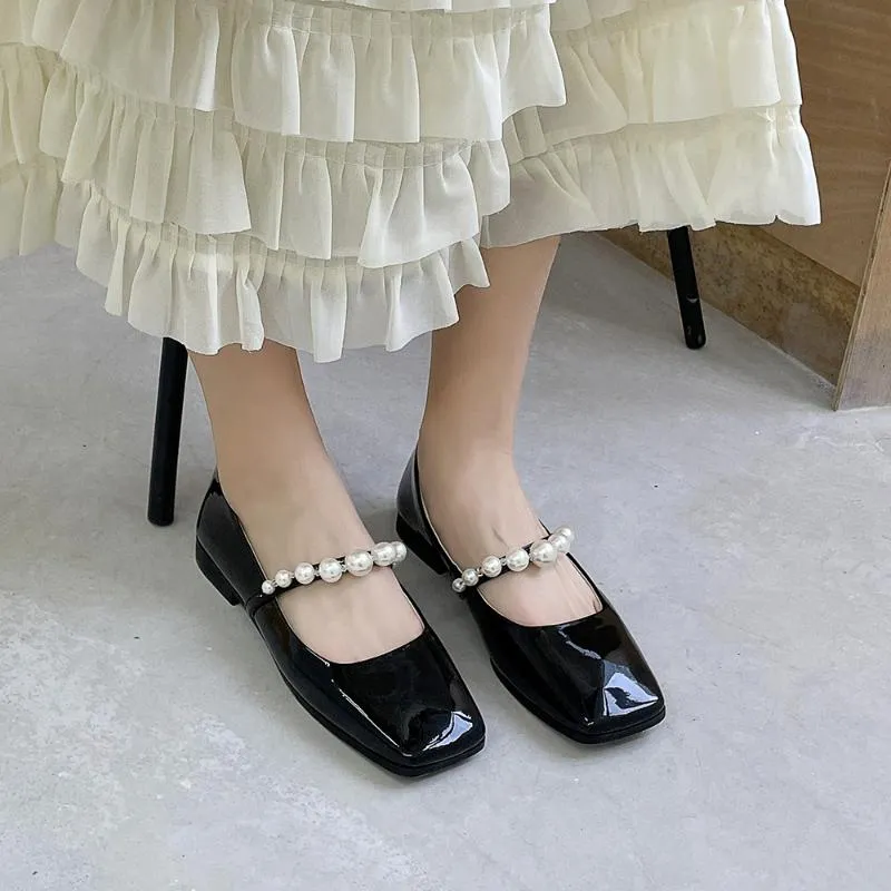 Sandals Fashion Pearl Beading String Mary Jane Shoes Women Elegant Square Toe Ankle Strap Patent Leather Woman Comfort Thick HeelsSandals