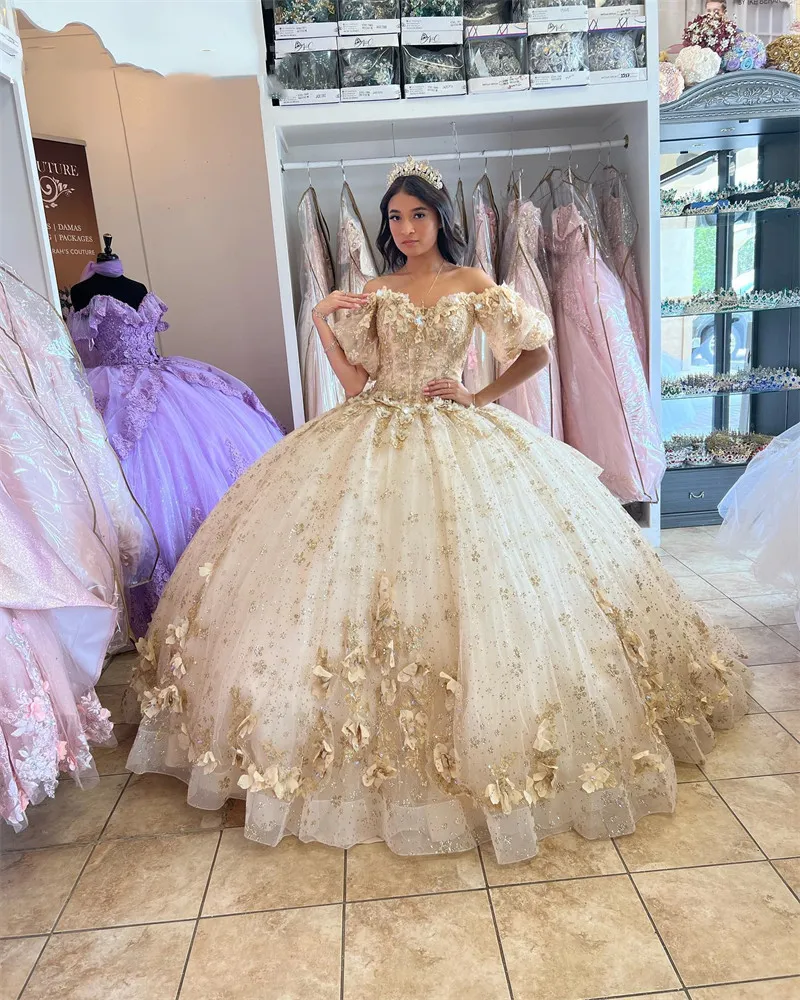 Light Champagne Off The Shoulder Ball Gown Quinceanera Dresses Hand Made 3D Flowers Birthday Party Gowns With Lantern Sleeve