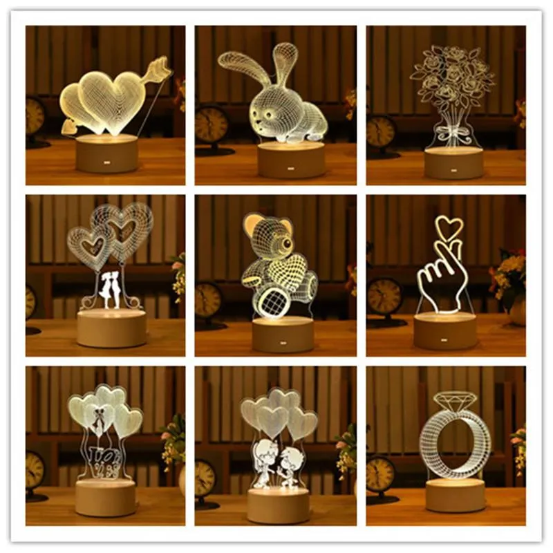 Décoration de fête 2022 Saint Valentin Cadeau Anniversaire Anniversaire USB 3D Amour Acrylique Led Veilleuse Pâques Mariage