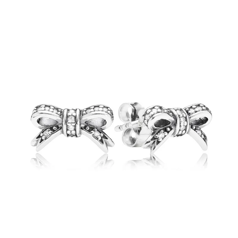 Autentisk 925 Sterling Silver Sparkling Bow Stud örhängen Söt kvinnors gåva med original detaljhandelslåda för Pandora rosguldörhängen