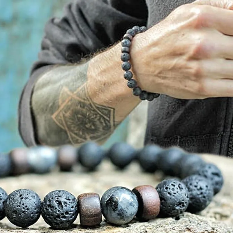 خرز Black Moonstone Beads Bouddha Lava Stone Bracelet Armatherapy Diffuser Bracelets للرجال