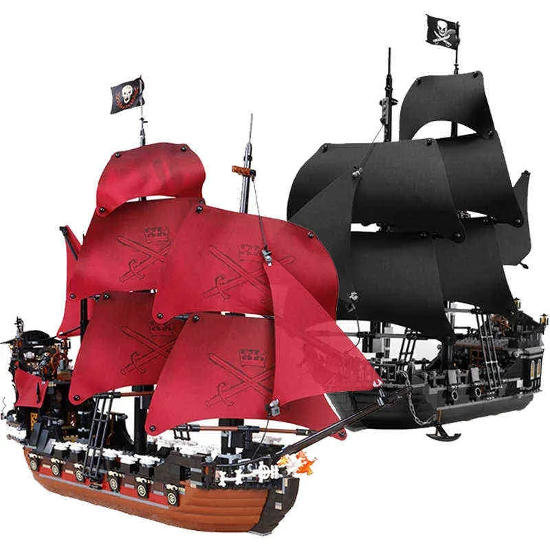 Caribbean Pirate Ships Building Blocks Black Pearl Bricks Set Queen Anne's Revenge Ship Models Children Toys Kids Gifts T230103