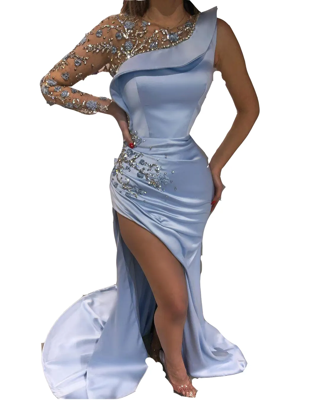open lace back dress One Shoulder Light Blue Sequin Mermaid Long Prom Dress with Slit –  Dressesforparty main image 0
