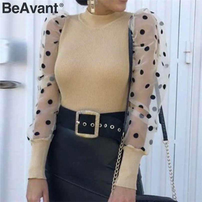 BeAvant Patchwork Polka Dot Chemisier tricoté Femmes Élégant Automne Hiver Femme Tops Chemise Party Club Slim Puff Manches Dames Tops 210709