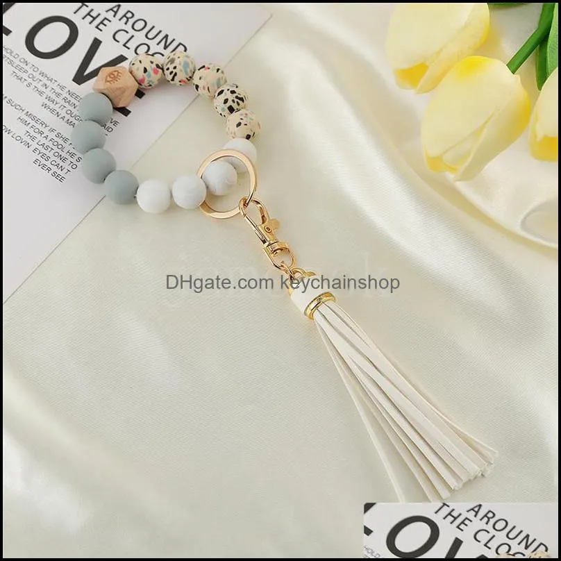 party favor silicone bead bracelet key ring anti loss wood women tassel keys chain 9 style dd592