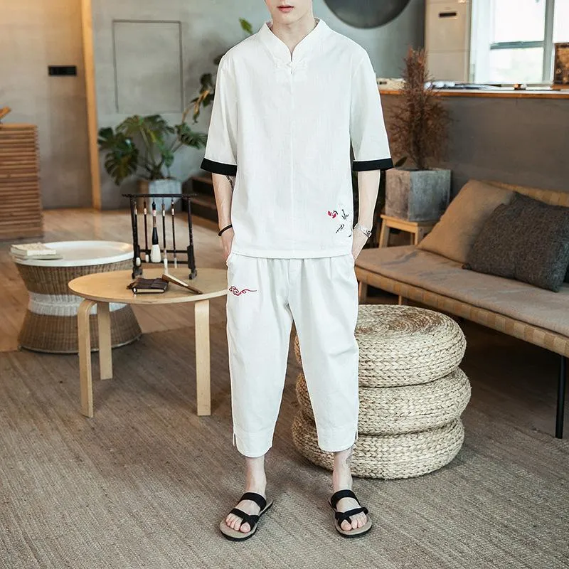 Tute da uomo Uomo Moda Stile cinese Zen Tang Suit Retro Uniform Set T-shirt con stampa casual Pantaloni Harem Samurai Tee Top PantaloniT da uomo