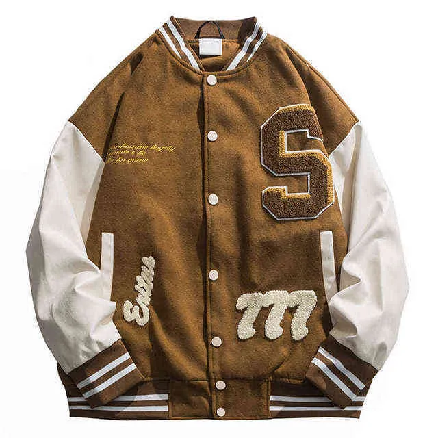 Men's Jackets High Street Baseball Jacket Men PU Leather Splice Towel Embroidery Varsity Jackets Vintage Loose Causal Coat Couple Green Jacket0221V23