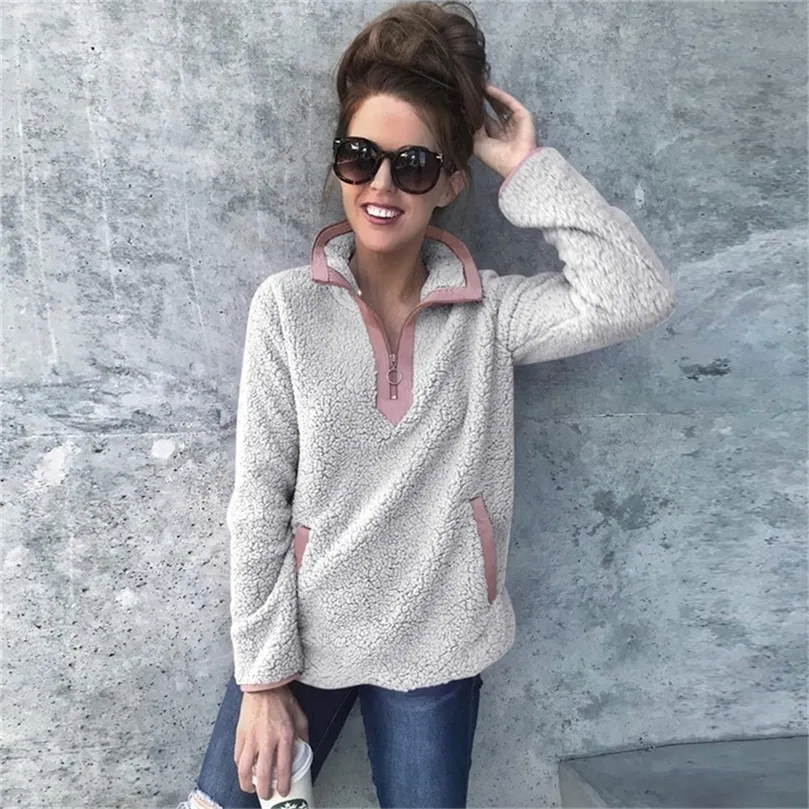 Frauen Winter Sherpa Pullover Teddy Fleece Zipper Rollkragen Pullover Sherpa Fleece Tops Weibliche Winter Warme Mantel Pullover 201222