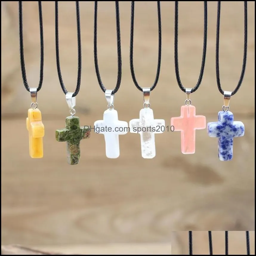 natural crystal cross shape stone pendant healing quartz turquoise sodalite obsidian colorful gemstone necklace women jewelry