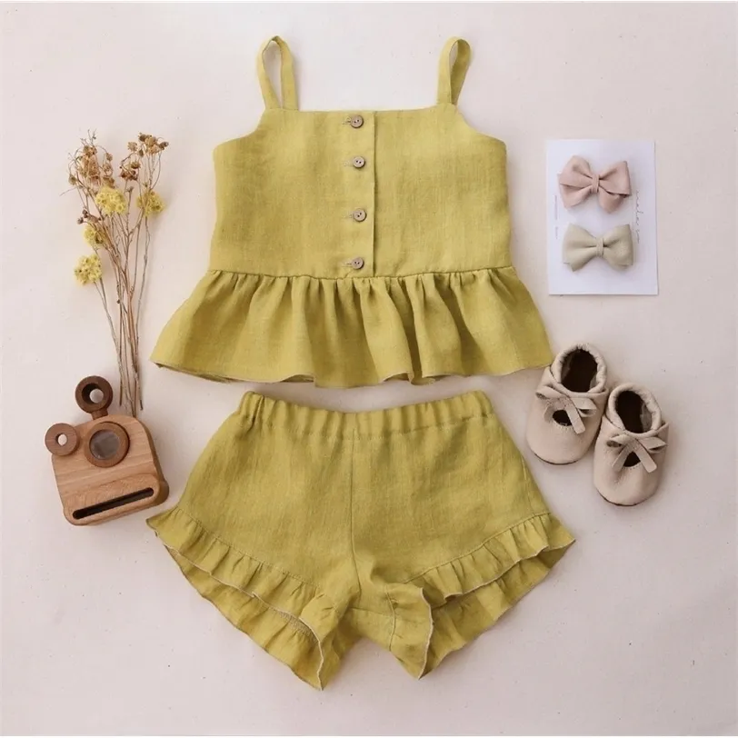 Baby Girl Suits Summer Clothes Tops+Shorts Vest Harness Falbala Cotton Linen Solid Color Outfits Bebe Infant Clothing Sets 220326