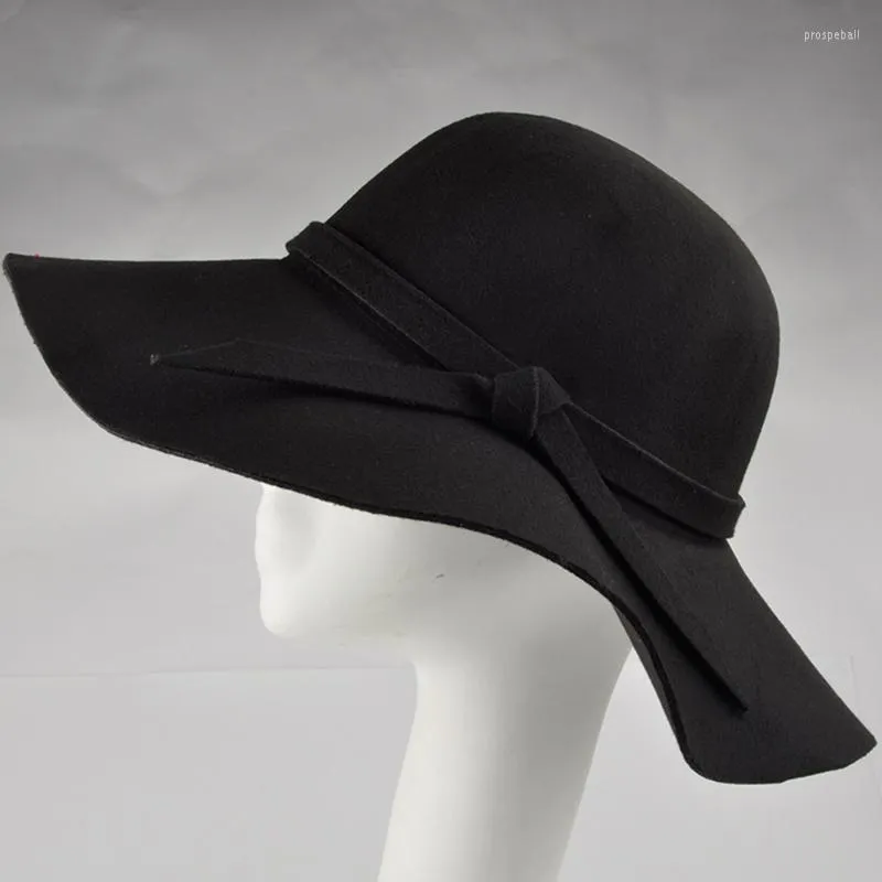 Wide Brim Hats Fashion Women Hat With Wool Felt Bowler Fedora Floppy Cloche Sun Beach Bowknot Cap Fall HatWide Pros22
