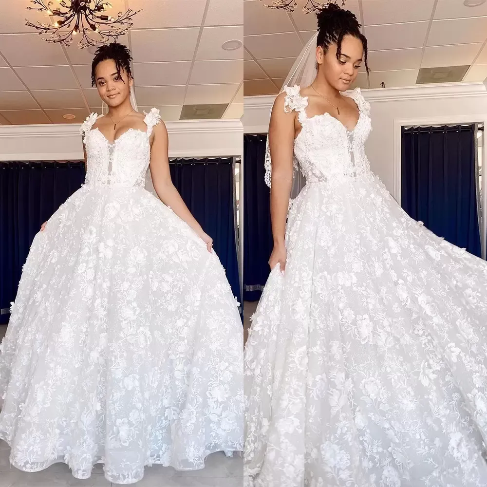 Magnifique dentelle 3D robes de mariée florales robe de mariée avec bretelles balayage train satin plage jardin sur mesure plus taille vestido de novia