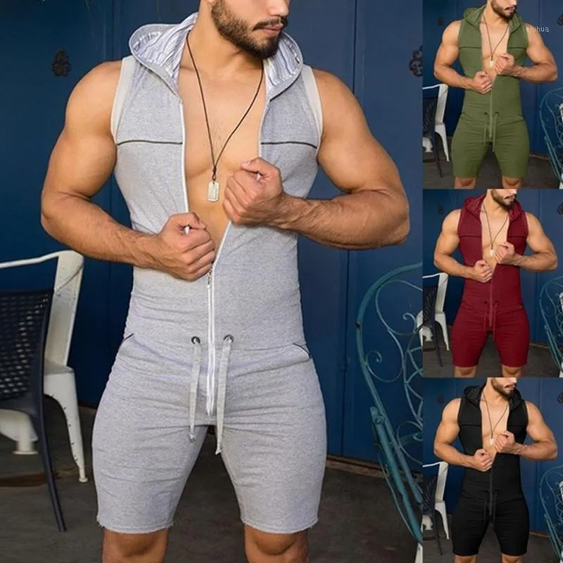 Hombres de una pieza apretada deportiva gimnasio fitness mono cremallera sin mangas con capucha champeintos pantalones con bolsillos