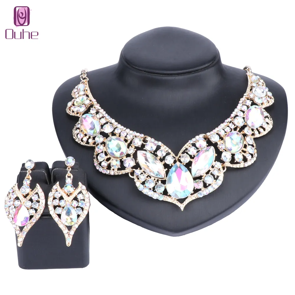 Fashion Crystal Bridal Party Halsband örhängen smyckesuppsättningar för kvinnor Rhinestone Geometric Choker Water Drop Chain Collar Set