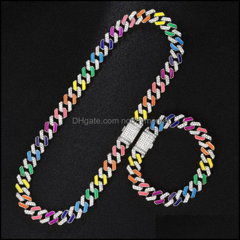 Chains 13MM Iced Out Cuban Necklace Link Chain Women Crystal Neon Colorful Enamel Choker Suit Rainbow Bracelet Jewelry