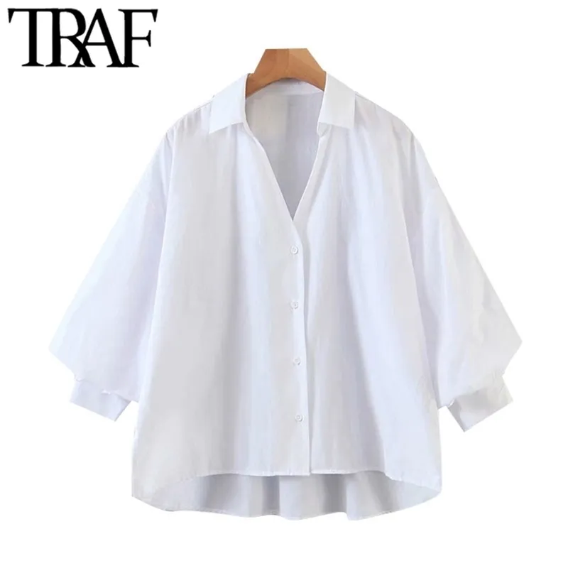 TRAF女性ファッションボタンアップ不規則なブラウスビンテージランタンスリーブサイドベントメスシャツBLUSAS CHIC TOPS 210401