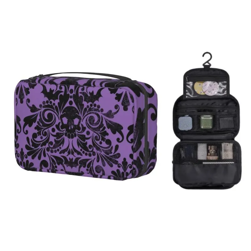 Bolsas de cosméticos Estuches Colgantes Viaje Cráneo Damasco Patrón Neceser Plegable Halloween Bruja Goth Ocultismo Maquillaje Almacenamiento Dopp Kit CaseCosme