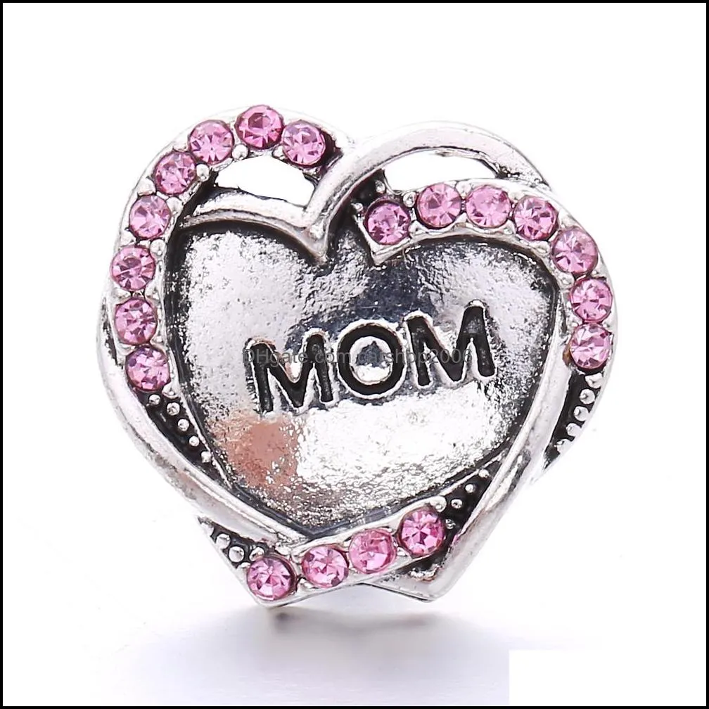 heart mom love rhinestone snap button charms women jewelry findings 18mm metal snaps buttons diy bracelet jewellery wholesale